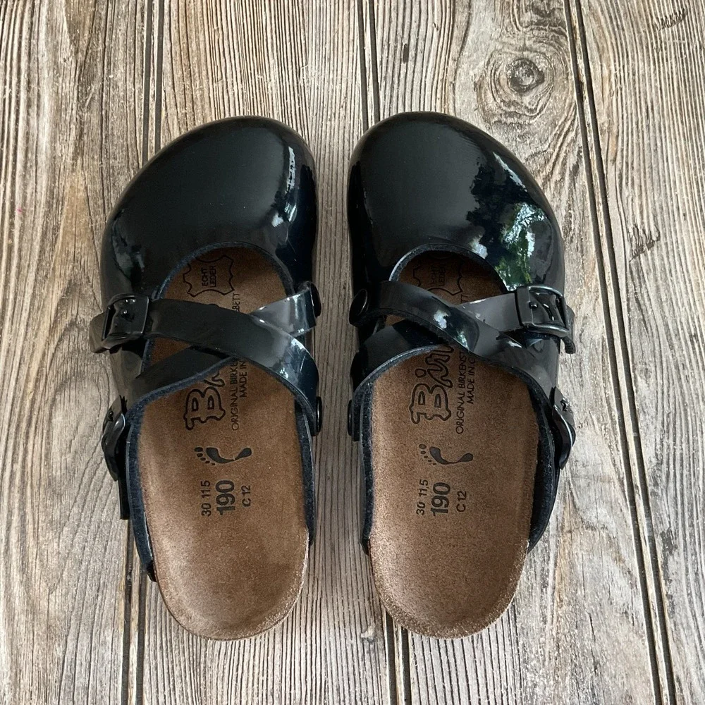 Birkenstock Birki's Boston Slide Patent Black Leather Clogs Kids Girls Size C12
